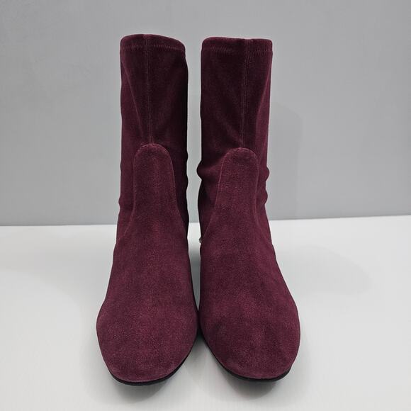Stuart Weitzman Allshine Ankle Bootie Size 9 Wine Red Suede Sock Jewel Heel Fall - Picture 5 of 15